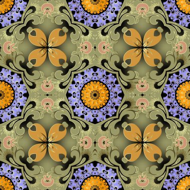 Etnik stil renkli çiçek vektörü pürüzsüz desen. Parlak yeşil bir arka plan. Dekoratif güzel arka planı tekrarla. Çiçekler, yapraklar, şekiller, yuvarlak mandalalar. Sonsuz zarafet tasarımı