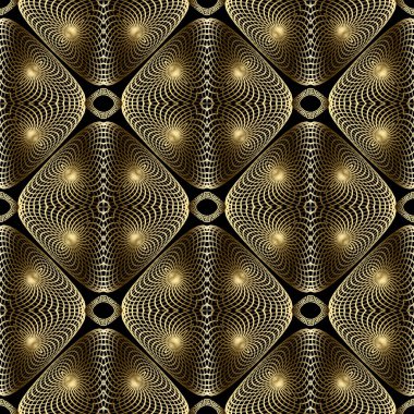 Altın 3d fraktallar vektör pürüzsüz desen. Yunan tarzı dekoratif geometrik arka plan. Modern yeniden dekore etme arkaplanı. Yunan anahtar kavramları soyut geometrik fraktal şekiller ve çizgiler ile süsleme