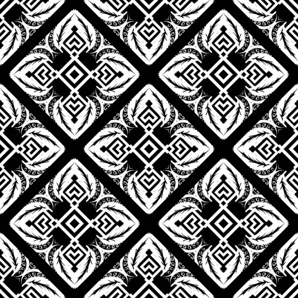 Görög törzsi fekete-fehér vektor zökkenőmentes minta. Etnikai absztrakt geometrikus dísz. Monokróm virágos háttér. Görög kulcs vándorok, virágok, levelek, formák, vonalak. Elegáns végtelen textúra — Stock Vector