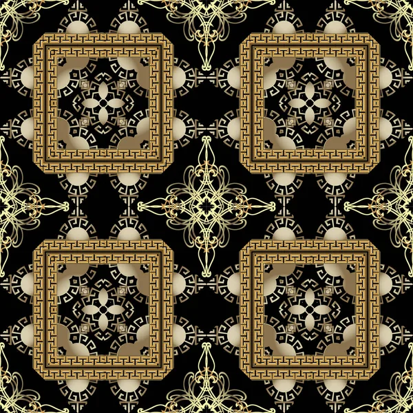 Ouro 3d ornamental 3d grego vetor sem costura padrão. Geométrica abstrato moderno fundo. Vintage arabesco flores ornamentos. Superfície chave grega meandros quadros quadrados. Ornate repetir pano de fundo de luxo — Vetor de Stock