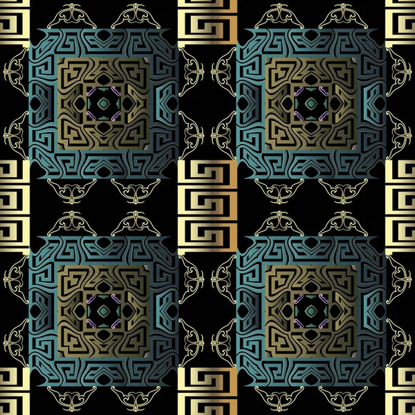 3d dekorativ grekisk vektor sömlös mönster. Geometrisk abstrakt modern bakgrund. Vintage arabesque blommor prydnader. Yta grekisk nyckel slingrar fyrkantiga ramar. Utsmyckad upprepa färgglada bakgrund — Stock vektor