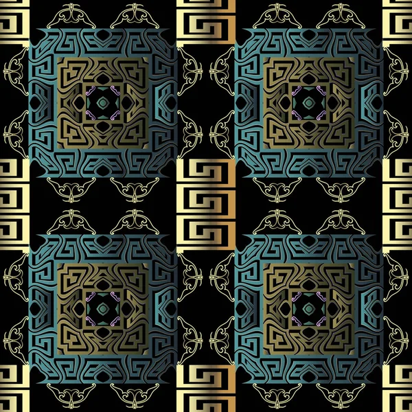 3d ornamental griego vector patrón sin costura. Fondo geométrico abstracto moderno. Vintage flores arabescas ornamentos. Superficie griega clave meandros cuadrados. Fondo colorido repetido adornado — Archivo Imágenes Vectoriales