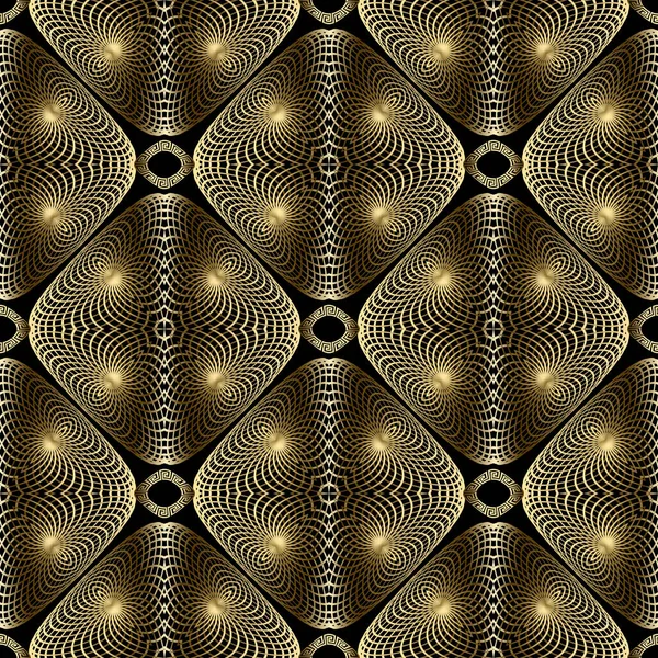 Gold 3d fractals vector seamless pattern. Greek style ornamental geometric background. Modern repeat ornate backdrop. Greek key meanders ornament with abstract geometrical fractal shapes and lines — Stock Vector