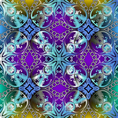 Renkli Barok stili vektör pürüzsüz desen. Soyut Şam çiçeği arkaplanı. Klasik çiçekler, yapraklar, zincirler. Dekoratif Damask arkaplanını tekrarla. Süslü tasarım. Duvar kağıtları, kumaşlar, baskılar için.