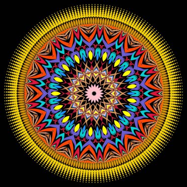 Renkli etnik çiçek vektörü mandala deseni. Süslü modern arka plan. Arabesk çiçekleri, yapraklar, noktalar, yarım ton, radyal şekiller ve çizgiler içeren yuvarlak kabile süsü. Fraktal parlak tasarım