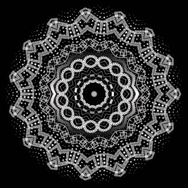 Yunan siyah ve beyaz vektör mandala deseni. Güzel soyut geometrik yuvarlak dantel süs. Tek renkli yarım tonlu arka plan. Yunan kilit oyuncuları. Çemberler, şekiller, çizgiler, çerçeveler, yıldızlar, noktalar