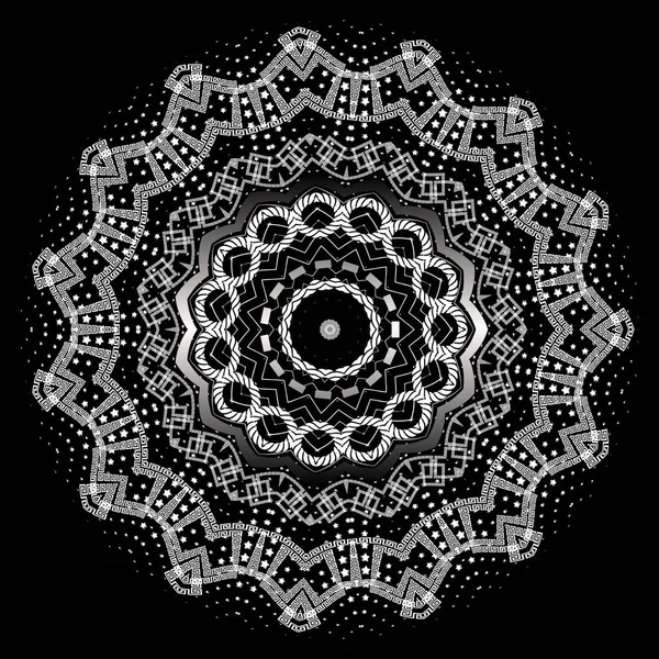 Yunan siyah ve beyaz vektör mandala deseni. Güzel soyut geometrik yuvarlak dantel süs. Tek renkli yarım tonlu arka plan. Yunan kilit oyuncuları. Çemberler, şekiller, çizgiler, çerçeveler, yıldızlar, noktalar — Stok Vektör