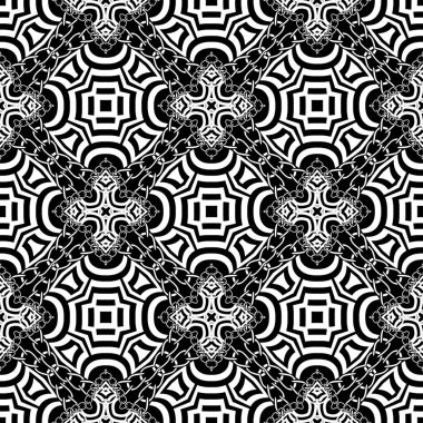 Siyah ve beyaz kabile tarzında kusursuz bir model. Karmaşık geometrik soyut arkaplan. Zarif dekoratif arkaplanı tekrar et. Zincirlerle, çizgilerle, şekillerle modern simetrik fayanslar.