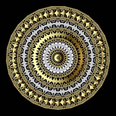 Yuvarlak üç boyutlu süs. Vektör dekoratif Yunan tarzı mandala deseni. Siyah altın süslemeli arka plan. Çemberler, çerçeveler, şekiller, çizgiler, Yunan anahtar çizgileri ile geometrik tasarım.