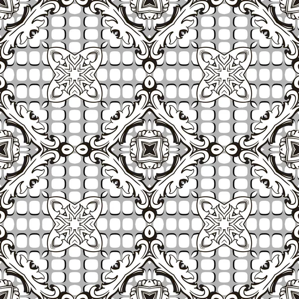 Černobílý ornamentální barokní styl vektor hladký vzor. Abstraktní texturované grunge pozadí. Opakovat monochromatické pozadí mřížky. Květinová ozdoba s vinobraním květin, listy. Geometrický design. — Stockový vektor