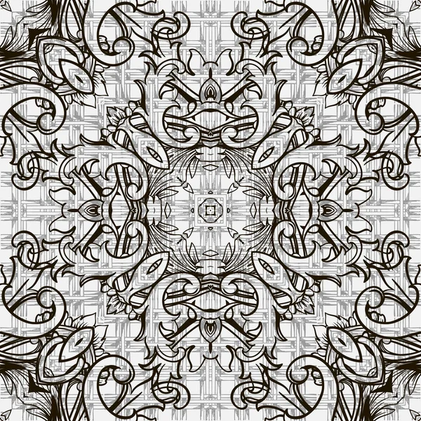 Černobílý ornamentální barokní styl vektor hladký vzor. Abstraktní texturované grunge pozadí. Opakovat monochromatické pozadí mřížky. Květinová ozdoba s vinobraním květin, listy. Geometrický design. — Stockový vektor