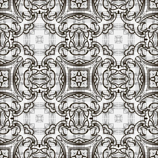 黒と白の装飾バロック様式のベクトルシームレスなパターン。抽象的なテクスチャグランジの背景。モノクログリッドの背景を繰り返します。ヴィンテージの花、葉で花の装飾。幾何学的デザイン. — ストックベクタ