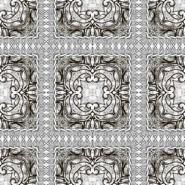 Blanco y negro ornamental texturizado vector patrón sin costura. Marcos cuadrados de estilo bordado a cuadros. Fondo grunge floral vintage. Repita el fondo geométrico abstracto. Elegancia hermoso adorno — Vector de stock