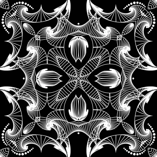 Des lignes complexes noir et blanc motif sans couture. Intrication ornementale lignes abstraites et formes fond. Répétition géométrique texturée fond monochrome. Ligne art tracery fleurs, rayures, points . — Image vectorielle