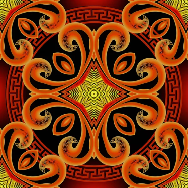 Fractal líneas florales griegas vector patrón sin costuras. Fondo colorido brillante ornamental. Fondo geométrico repetido. clave griega meandros círculo mandala ornamento con flores abstractas, hojas, formas . — Vector de stock