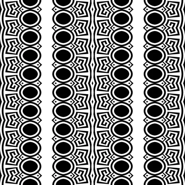 Ethnic style tribal greek borders seamless pattern. Black and white geometric background. Greek key meanders ornament. Geometrical ornamental shapes, zigzag, lines, waves, circles. Elegant design. — Stock Vector