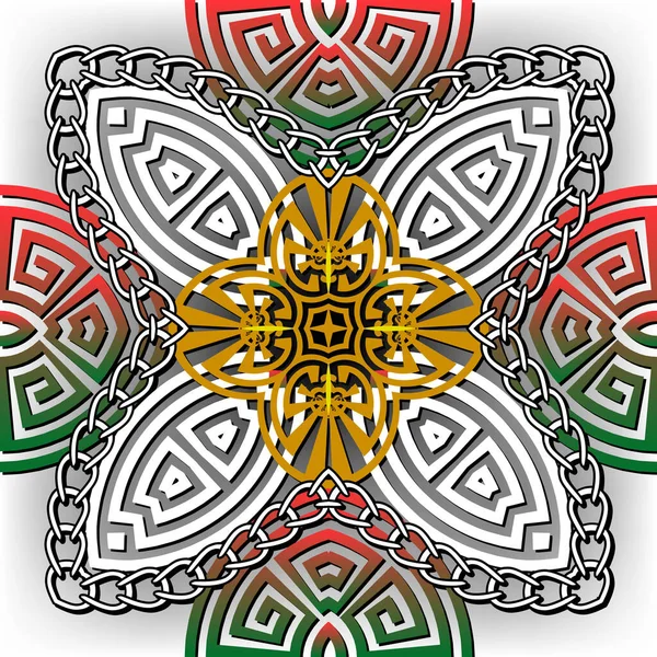 Patrón sin costura vector étnico griego. Fondo floral abstracto. Repite decorativo tribal telón de fondo. La llave griega serpentea hermosos ornamentos. Diseño simétrico adornado con cadenas. Para tela, estampados . — Vector de stock