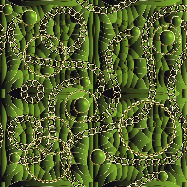 Verde texturizado 3d vetor sem costura padrão. Correntes de jóias ornamentais fundo. Repita o pano de fundo abstrato da superfície. Enfeites de cadeia geométrica com círculos, formas, linhas, curvas, listras, losango . —  Vetores de Stock