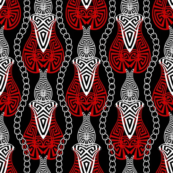黑色红色白色现代抽象矢量无缝图案. 带有锁链的希腊装饰背景。 优美优雅的重复背景. 几何形状，波浪线，希腊键弯曲。 创意装饰品 — 图库矢量图片