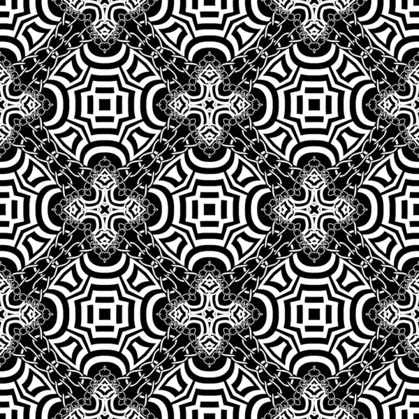 Zwart en wit etnische stijl vector naadloos patroon. Ingewikkelde geometrische abstracte achtergrond. Herhaal elegante decoratieve achtergrond. Moderne symmetrische betegelde ornament met kettingen, lijnen, vormen. — Stockvector