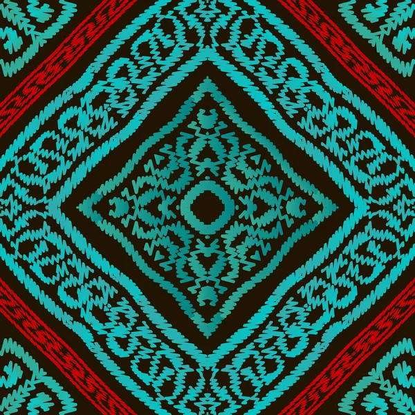 Tribal etnische borduurwerk vector naadloos patroon. Kleurrijke tapijtgeometrische achtergrond. Grunge herhalen achtergrond. Geborduurde ornament. Abstracte symmetrische textuur. Eindeloze sierlijke textuur. — Stockvector