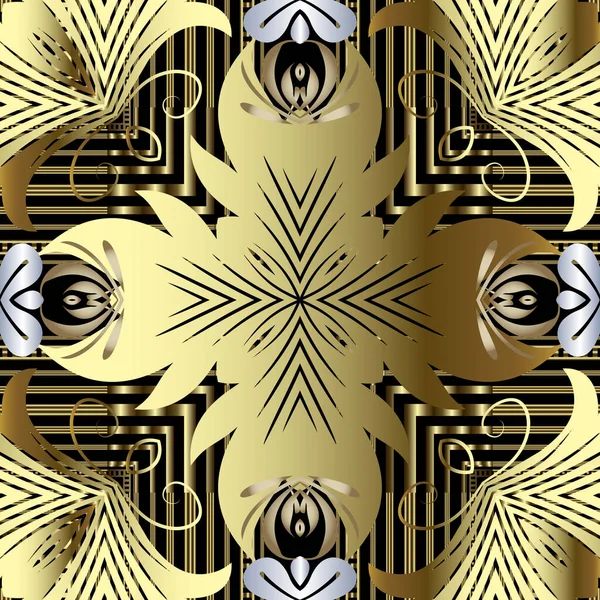 Rayas de oro floral 3d vector patrón sin costuras. Fondo moderno ornamental abstracto. Fondo decorativo de repetición. Flores vintage doradas, hojas, rayas, líneas, formas. Adornos de superficie adornados . — Vector de stock