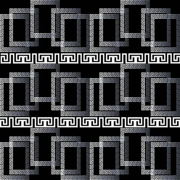 Griego moderno 3d bordes patrón sin costuras. Fondo geométrico ornamental en blanco y negro. Adorno de estilo tribal étnico superficial abstracto con cuadrados, líneas, formas, rayas, meandros griegos clave . — Vector de stock