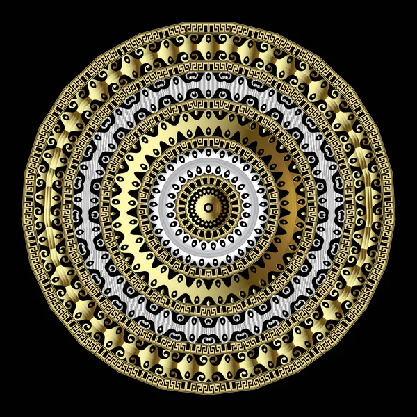 Adorno 3d abstracto redondo. Patrón vectorial decorativo estilo tribal griego mandala. Fondo ornamental de oro negro plateado. Diseño geométrico con círculos, marcos, formas, líneas, meandros griegos clave . — Archivo Imágenes Vectoriales