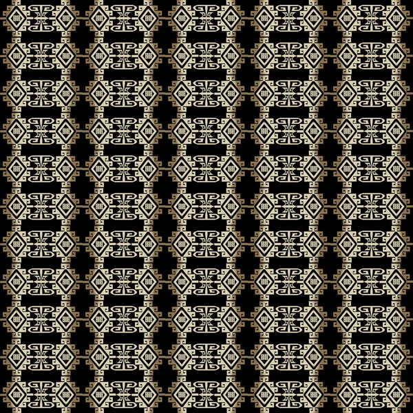 Gestreepte Griekse 3D vector naadloos patroon. Geometrische decoratieve gouden achtergrond. Abstract oppervlakte etnische tribale stijl ornament met lijnen, vormen, strepen, doolhof, labyrint, grenzen, griekse sleutel meanders — Stockvector