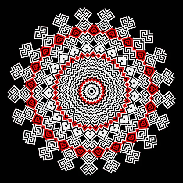 Geometrický řecký kulatý mandalský vzor. Černá bílá červená abstraktní moderní pozadí. Dekorativní ozdoba v etnickém stylu. Elegantní zdobný design s geometrickými tvary, kruhy, klikatými čárami. — Stockový vektor