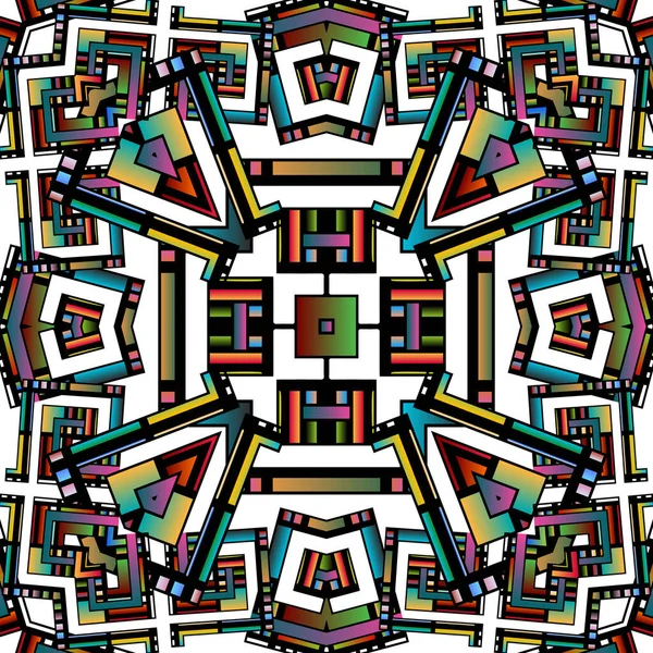 Geometrické barevné vektorové bezešvé obrazce. Ozdobné kaleidoskop pozadí. Abstraktní pozadí opakování geometrie. Izolovaný design na bílém. Geometrické pruhované tvary, čáry, čtverce, tvary, postavy. — Stockový vektor