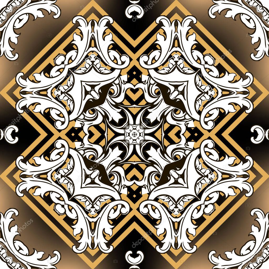 Geometric Baroque style vector seamless pattern. Greek ornamental glowing background. Repeat abstract backdrop. Damask ornament in baroque Victorian style. Greek key meanders, Vintage flowers, leaves.