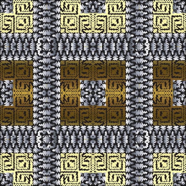 Borduren getextureerd 3d geblokte vector naadloos patroon. Geometrische tapijt Griekse achtergrond. Herhaal tribal gestreepte achtergrond. Oppervlakte abstracte geborduurde ornamenten met strepen, vormen, vierkanten. — Stockvector