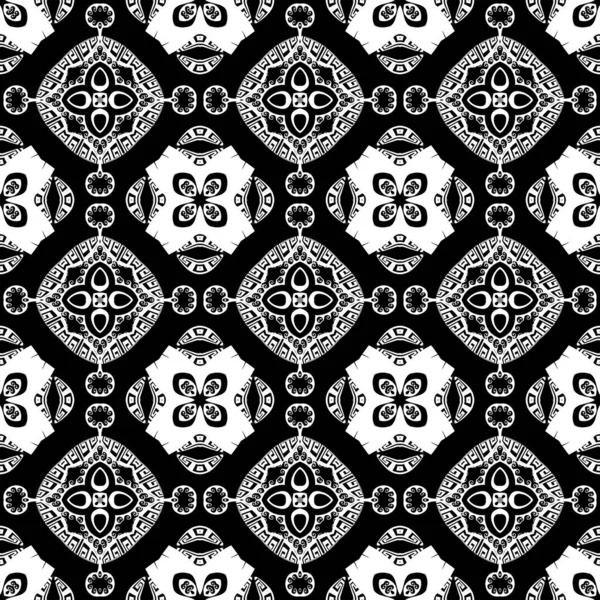 Greek tribal black and white vector seamless pattern. Floral ethnic style background. Repeat decorative monochrome backdrop. Vintage flowers, leaves, shapes, wave lines. Greek key meanders ornament. — Stock Vector