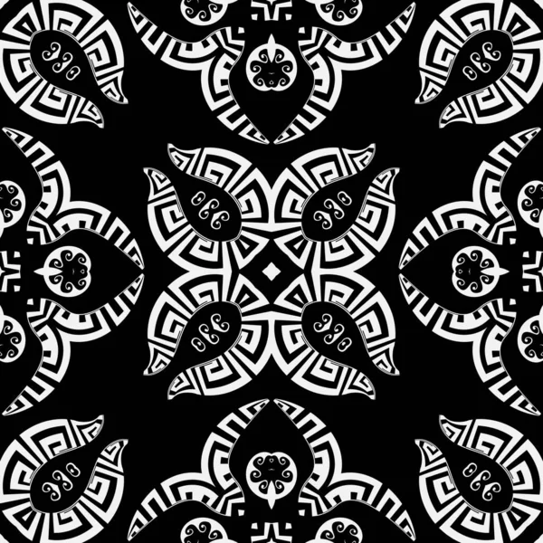 Modèle sans couture de vecteur noir et blanc tribal grec. Origine ethnique florale. Répétez fond décoratif monochrome. Fleurs vintage, feuilles, formes, lignes ondulées. Clé grecque serpentins ornement . — Image vectorielle