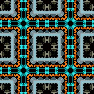 Kabile renginde ekoseli vektörsüz desen. Etnik tartan geçmişi var. Geometrik çizgili arka planı tekrar et. Geometri şekilleriyle renkli süsler, eşkenar dörtgen, zikzak, noktalı çizgiler, kareler, çerçeveler