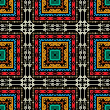 Kabile renginde ekoseli vektörsüz desen. Etnik tartan geçmişi var. Geometrik çizgili arka planı tekrar et. Geometri şekilleri, eşkenar dörtgen, zikzak çizgileri, oklar, kareler ile renkli simetrik süslemeler