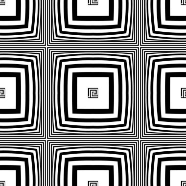 Geometrik vektör pürüzsüz desen. Radyal kareler arka plan. Kare şeklindeki arka planı tekrar et. Yunan sembolleri, çizgiler, çizgiler. Soyut geometrik siyah-beyaz modern süs. Sonsuz doku