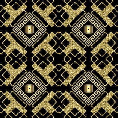 Altın desenli geometrik ışıltılı vektör dikişsiz desen. Süslü kabile geçmişi. Etnik arkaplanı tekrarla. Yunan kilit oyuncuları. Parlak süs. Simetri tasarımı. Geometrik grunge altın şekilleri