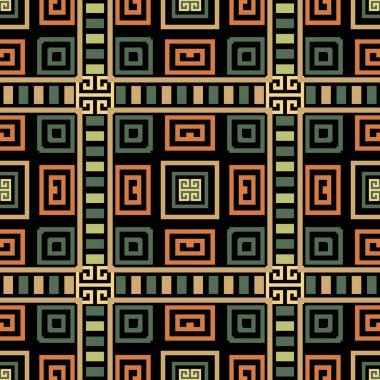 Geometrik yunan vektörü kusursuz desen. Soyut kabile tarzı bir geçmişi var. Renkli ekose arka planı tekrarla. Zarif bir tartan süsü. Yunan kare çerçeveleri, çizgileri, çizgileri, Yunan anahtar kavşakları
