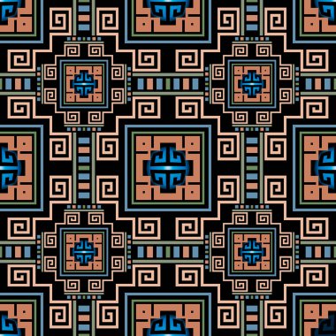 Geometrik yunan vektörü kusursuz desen. Soyut kabile tarzı bir geçmişi var. Renkli ekose arka planı tekrarla. Eski süsler. Yunan kare çerçeveleri, çizgiler, labirentler, şekiller. Yunan anahtar çeviricileri