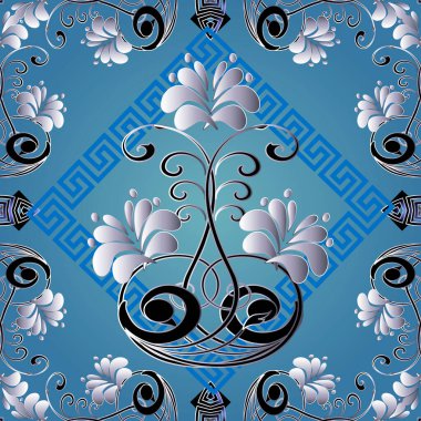 Çiçekli Yunanlı vektör kusursuz desen. Vektör geometrik arkaplan. Zarif açık mavi arka plan. Çok güzel bir çiçek süsü. Yunan anahtarı eşkenar dörtgen çerçeveler. Simetrik tasarım