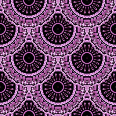Mor etnik fayanslar, kusursuz desenler. Renkli bir kabile geçmişi var. Çiçekli, yuvarlak bohem süsler. Geometrik tekrar deko arkaplanı. Daireler, mandalalar, çiçekler, şekiller ile Boho tarzı tasarım
