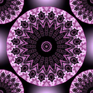 Çiçeksel etnik yuvarlak mandalalar pürüzsüz desen. Mor parlak arka plan vektörü. Geometrik arkaplanı tekrar et. Folklorik menekşe süsleri çiçekler, geometrik şekiller, çizgiler, şekiller, daireler