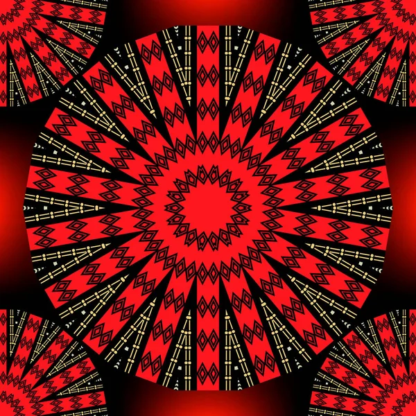 红色曼德勒族无缝线图案的族群向量。几何抽象装饰发光背景.几何锯齿形线，条纹，形状，圆圈。华丽的部族民俗风格重复径向饰物 — 图库矢量图片
