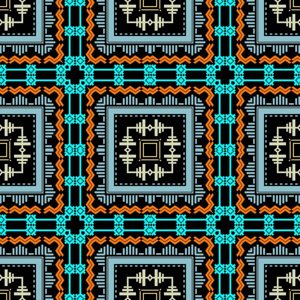 Tribal colorido padrão xadrez vetor sem costura. Fundo de tartan étnico. Repita o cenário geométrico listrado. Ornamento colorido com formas de geometria, losango, zig zag, linhas pontilhadas, quadrados, quadros — Vetor de Stock