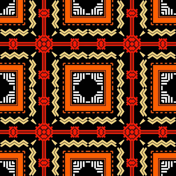 Tribal colorido padrão xadrez vetor sem costura. Fundo de tartan étnico. Repita o cenário geométrico listrado. Ornamento simétrico colorido com formas de geometria, losango, linhas zig zag, quadrados, quadros —  Vetores de Stock