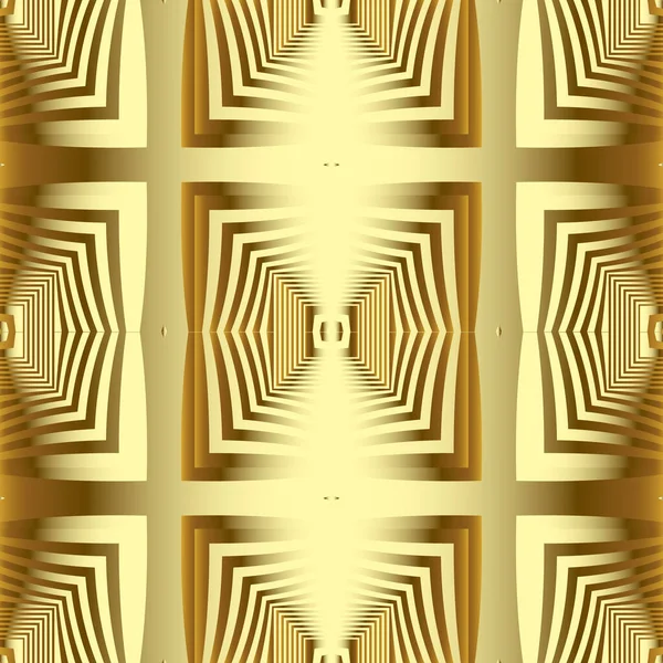 ゴールド幾何学的な3Dベクトルシームレスパターン。放射状の正方形の背景。表面の正方形の形状を繰り返します。金色の縞、線、幾何学的な形。抽象的な質感の装飾。無限のテクスチャ — ストックベクタ