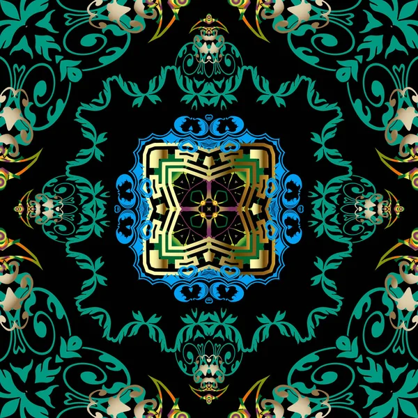 Vintage patrón sin costura vector floral. Antecedentes de Damasco ornamental. Repita el fondo decorativo de estilo barroco. La llave griega meandros marco de oro. Adornos antiguos con flores, hojas, formas geométricas — Archivo Imágenes Vectoriales