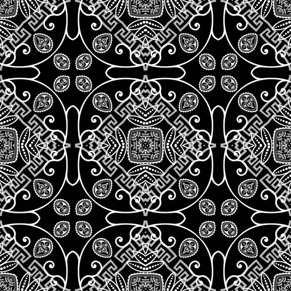 Floral preto e branco linha arte vetor sem costura padrão. Estilo étnico grego ornamental fundo monocromático. Belo cenário de repetição. chave grega geométrica meandros ornamento com quadros de losango —  Vetores de Stock